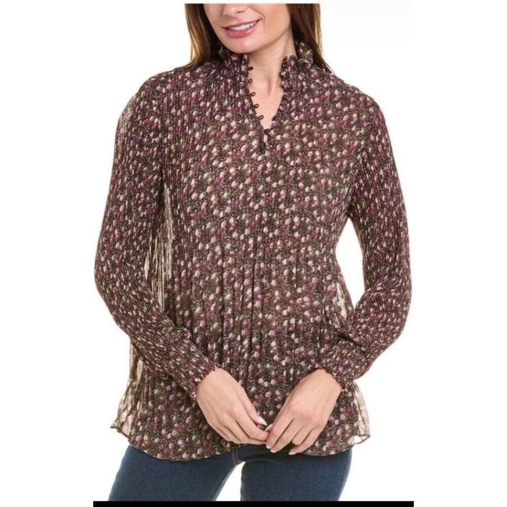 Cabi Women's M Knife Pleat Blouse Floral Long Sleeve #3952 Covered Buttons V-Nec